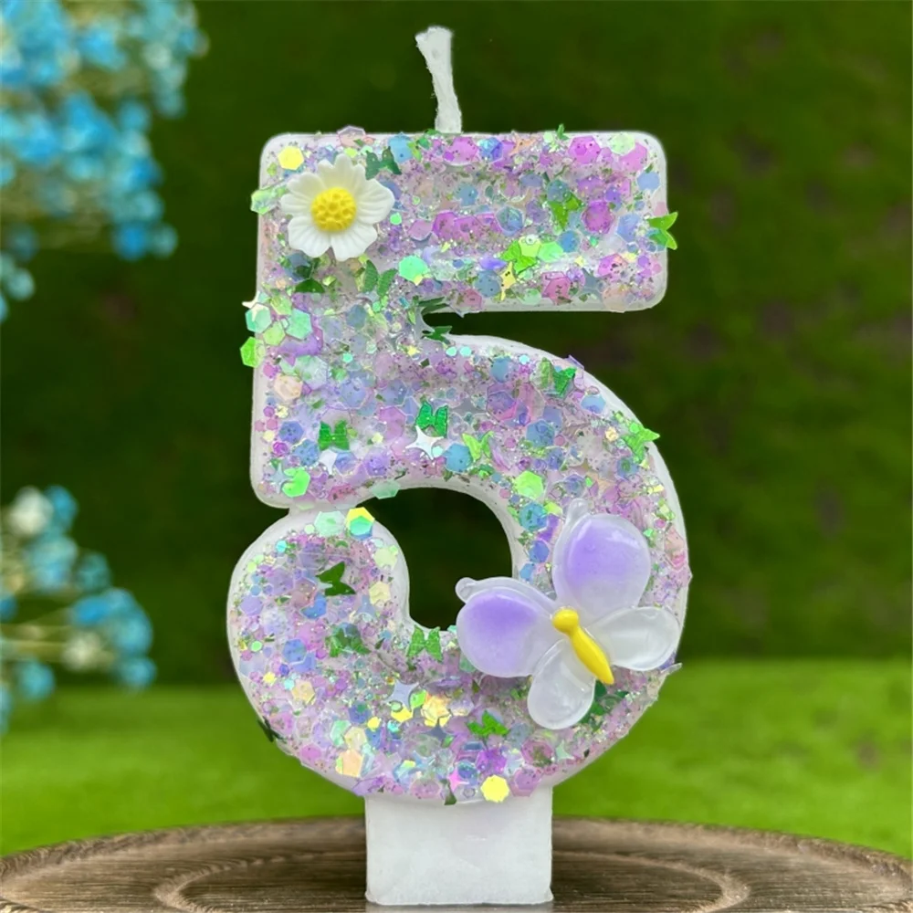 Happy Birthday Cake Decorations Number Candles Colorful Flower Butterfly Candles Pale Purple Shiny 3D Digital Candles For Party