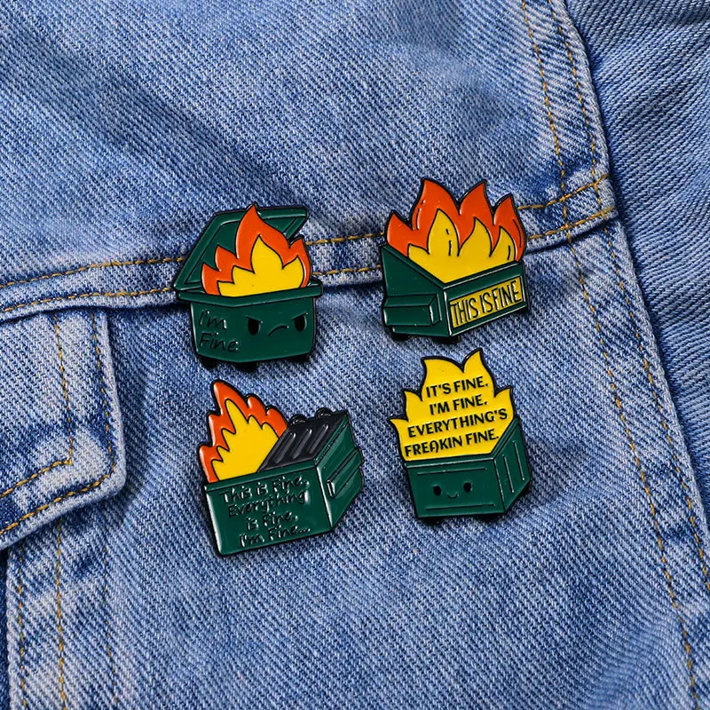 4pcs Cute Cartoon Trash Can Catch Fire Enamel Brooch Creative English Letter Lapel Pin Badge Backpack Clothing Hat Accessories