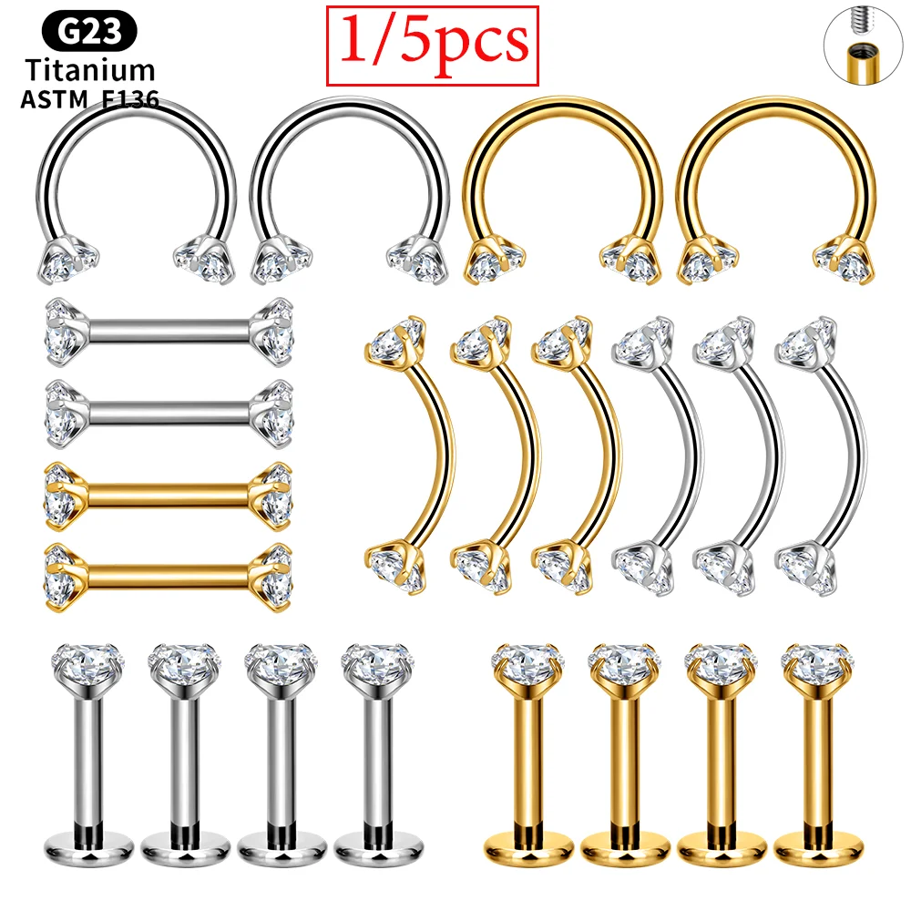 Wholesale 14G/16G G23 Titanium Internal Thread Basic Nose Piercing Accessories CZ Barbell Labret Eyeborw Horseshoe Body Jewelry