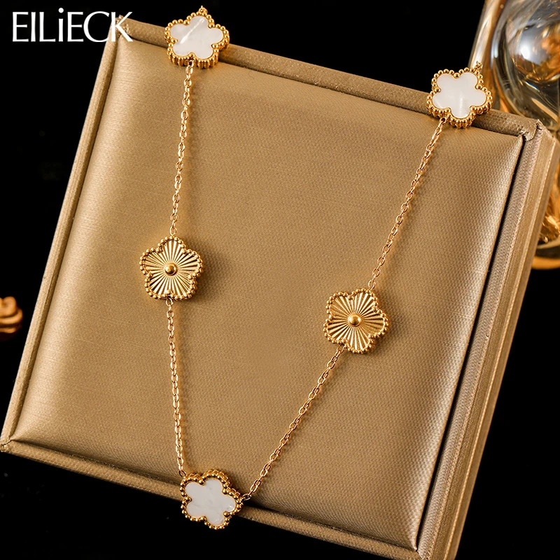 EILIECK 316L Stainless Steel White Five Leaf Flower Pendant Necklace For Women Fashion Two-Sided Clover Neck Chain Jewelry Gift