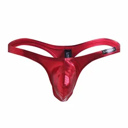 Men's Bikini Underwear Leather Lingerie Male Thong Penis Sheath G String Convex Bag T Back Panties Swimwear Brazilian Red Blue