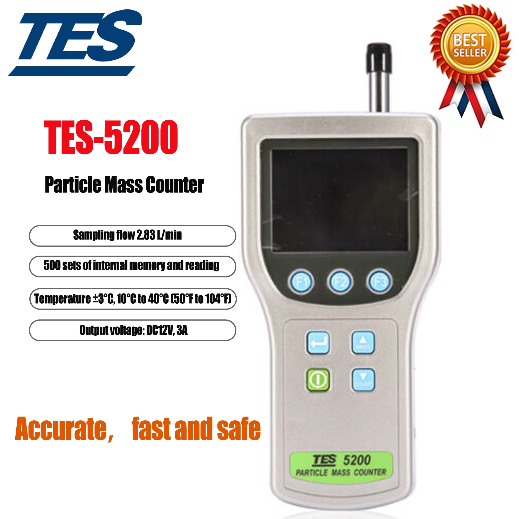 TES-5200 Particle Mass Counter In a Single Handheld Unit ,Flow Rate  2.83L /Minute (0.1CF/ Minute ),SD Storage Device.