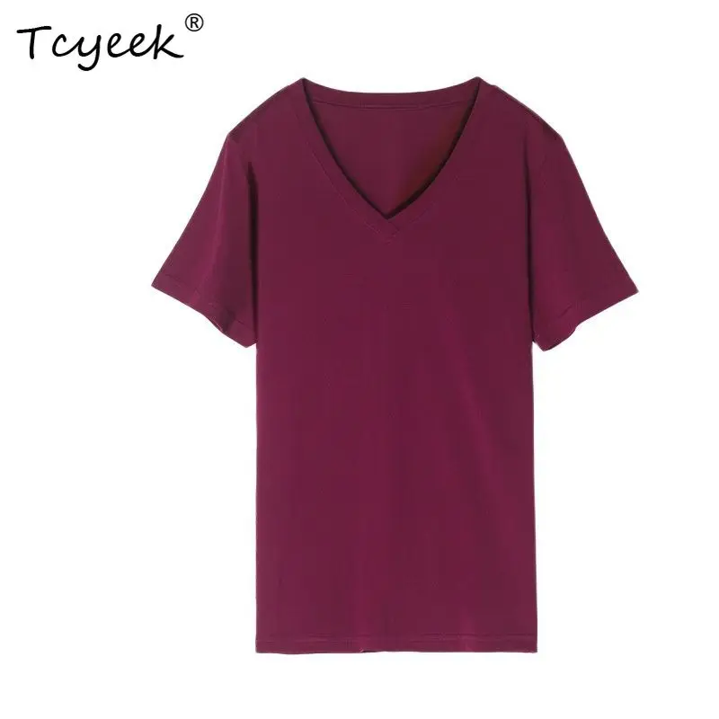 

Tcyeek 27%Silk 73%Cotton T Shirts Woman Casual V Necks Short Sleeves Silky Tee 2023 Spring Summer New Bottoms Top T37238QC