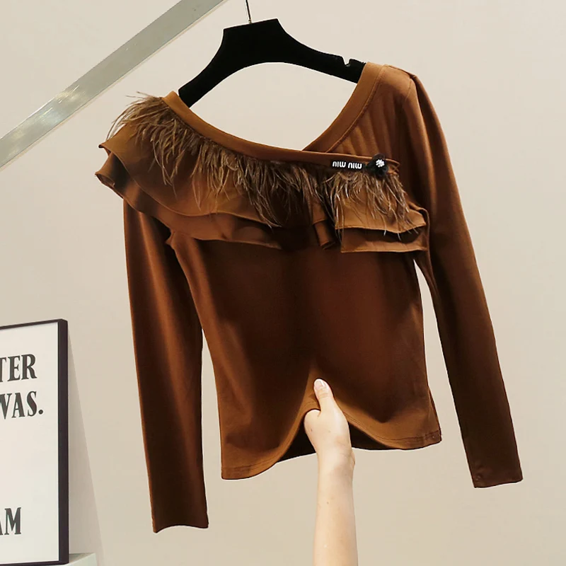

Fashionable Long Sleeve Backless T-Shirt with Double V-Neck And Lace Trim Splice Elegant Versatile Top for Business Ladies