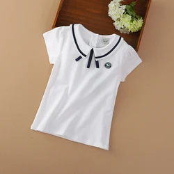 Girls T-shirt Summer Cotton Tennis Clothes for 4-10Y Childrens Turn-Down Collar Bow Tops Short Sleeves Casual Tee