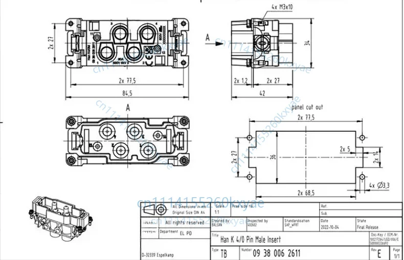 1pc 09380062611 bolt wiring han k 4/0 m high current 80a accessories