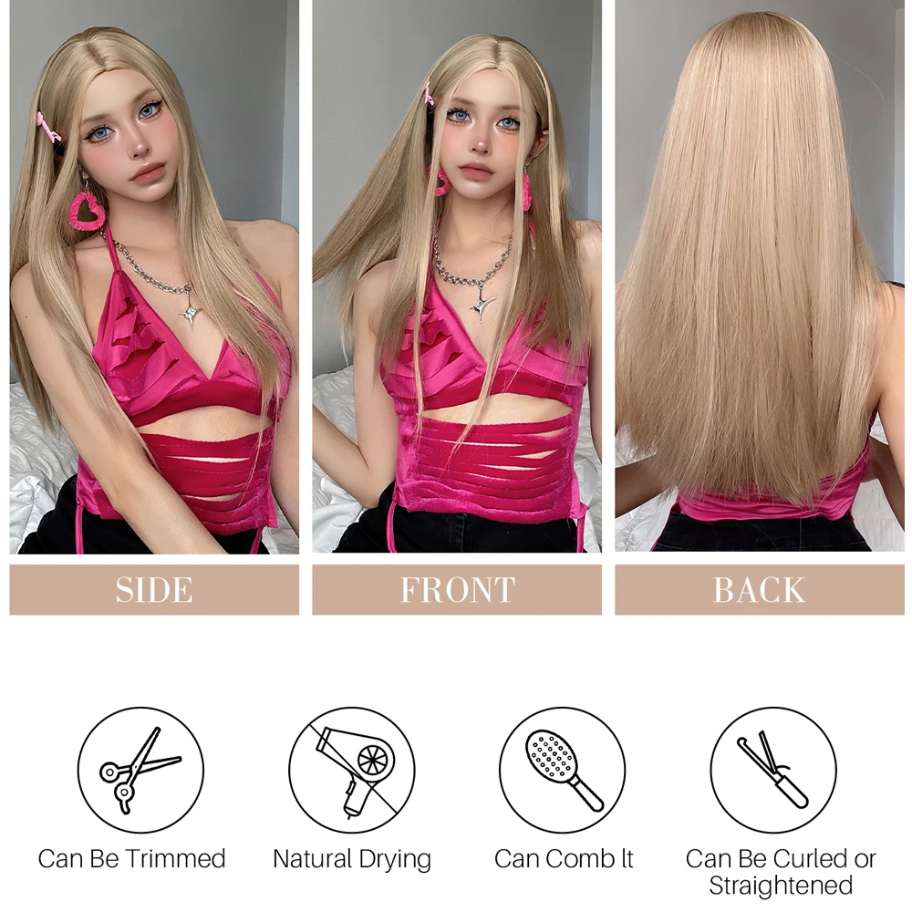 Synthetic Warm Blonde Long Straight Wigs for White Women Middle Part Cosplay Party Daily Natural Hair Heat Resistant Fibre Wig