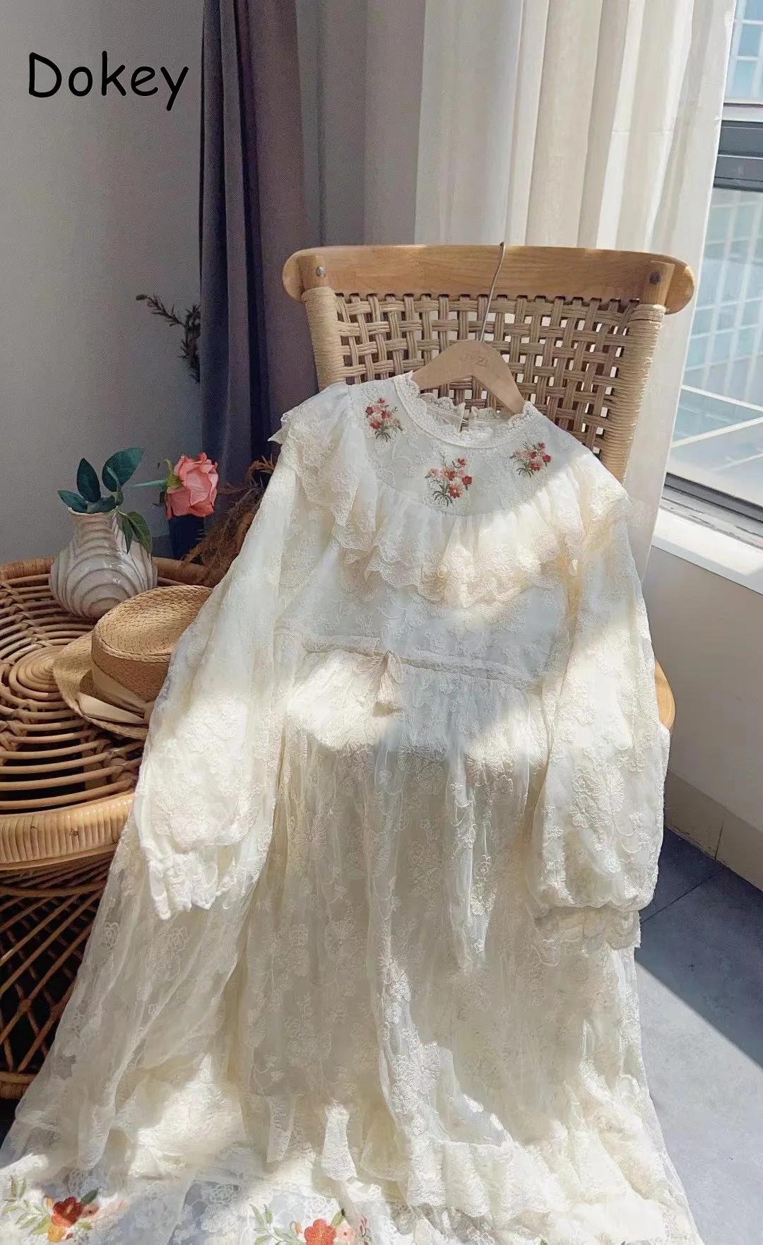 Vintage Embroidery Lace Ruffled White Dress Women Japanese Mori Doll Collar Long Sleeve Dress Casual Drawstring Loose Vestidos