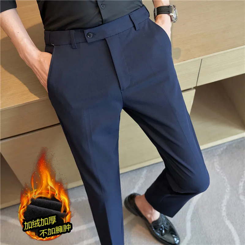 2023 Autumn Winter Plush Warm Suit pants Men Solid Color Elastic Waist Dress Pants Formal Business Slim Office Social Trousers