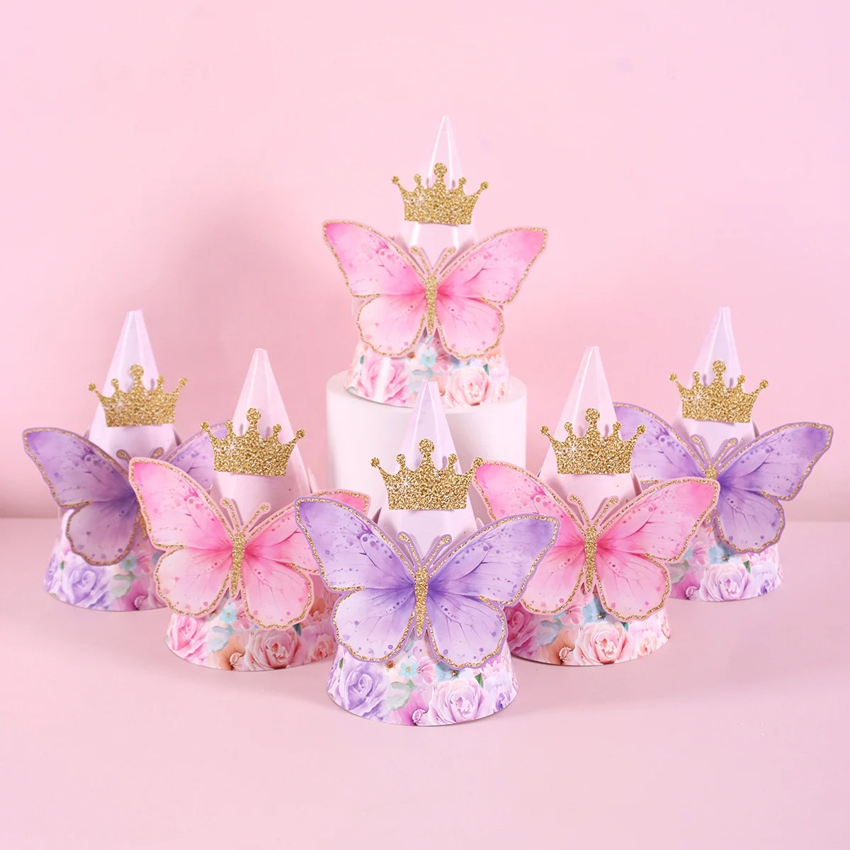 6pcs Mixed Pink Purple Butterfly Party Hats with Elastic String Paper Birthday Hat with Butterfly Stickers for Girls Photo Props