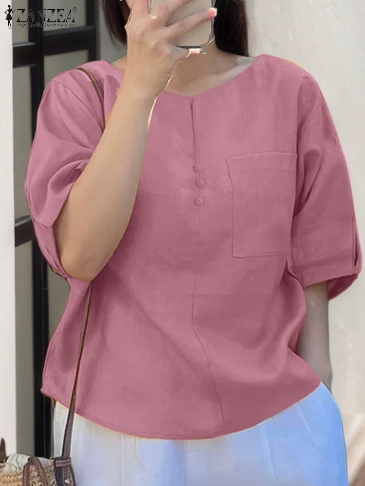 

ZANZEA, летняя женская блузка, модные винтажные топы, однотонные рубашки с коротким рукавом, 2025 год, с круглым вырезом, повседневные свободные карманы, Blusas Femininas