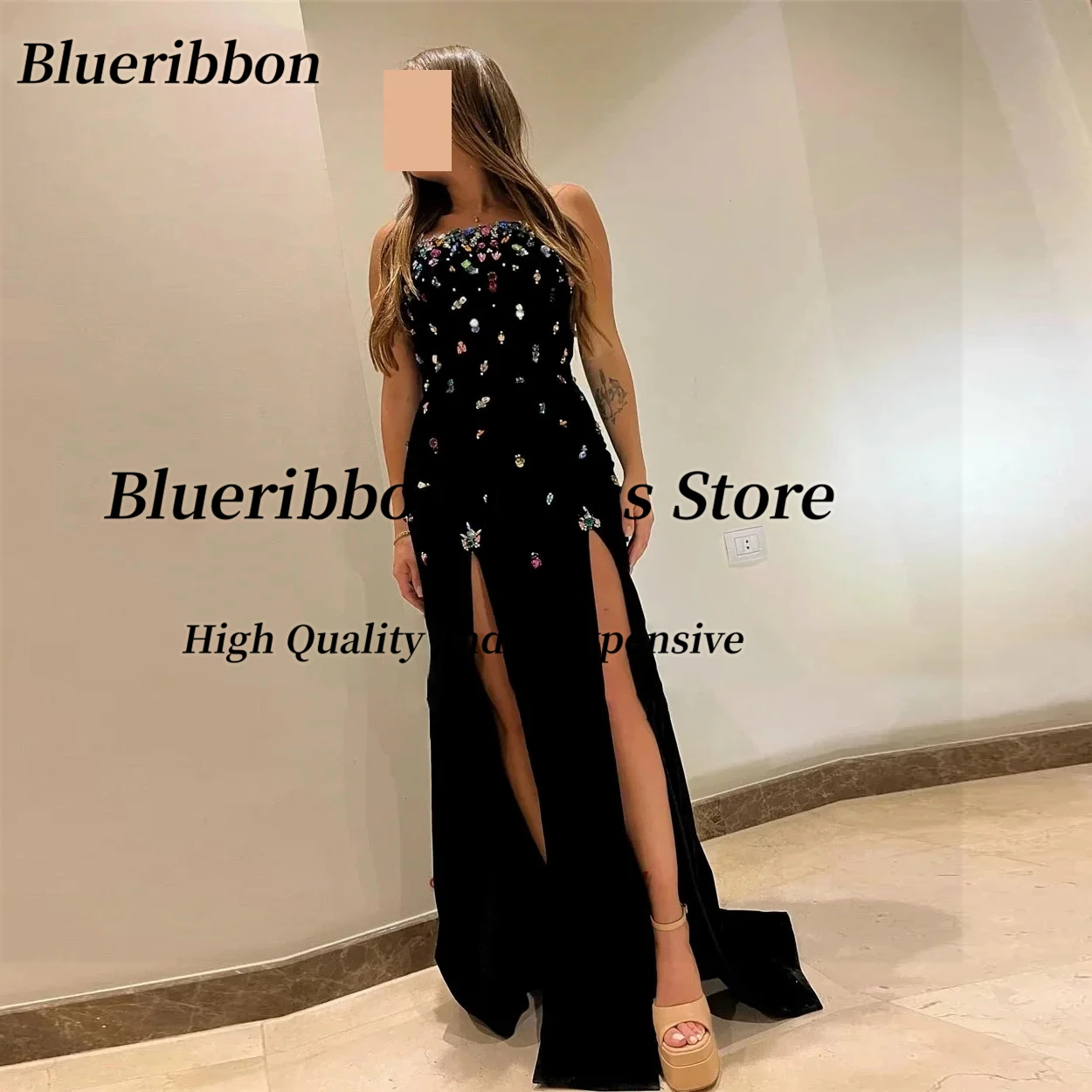 

Blueribbon сексуальные черные платья для выпускного вечера с обеих боковыми разрезами без бретелек красочные вечерние платья из бисера на молнии сзади вечернее платье по индивидуальному заказу