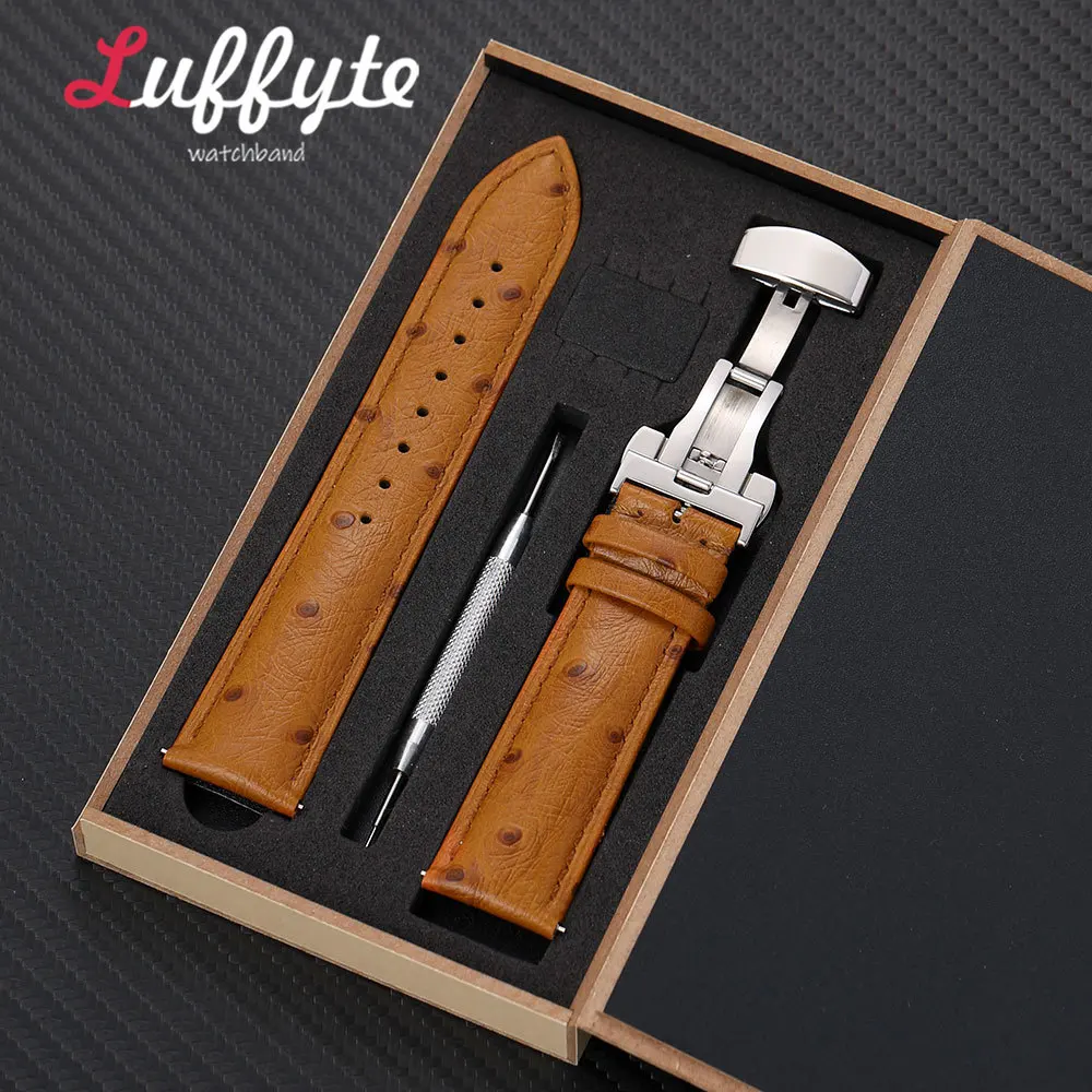 Men Women Ostrich Texture Wrist Band 18 20 22mm with Stainless Steel Butterfly Buckle Gift Box Quick Release Watch Strap
