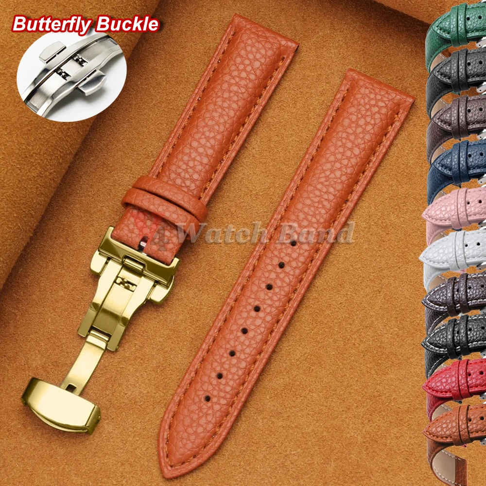 Kalbsleder-Uhrenarmbänder mit Litchi-Struktur, 12/14/16/18/19/20/22mm Armband mit Schmetterlingsverschluss, Uhrenzubehör