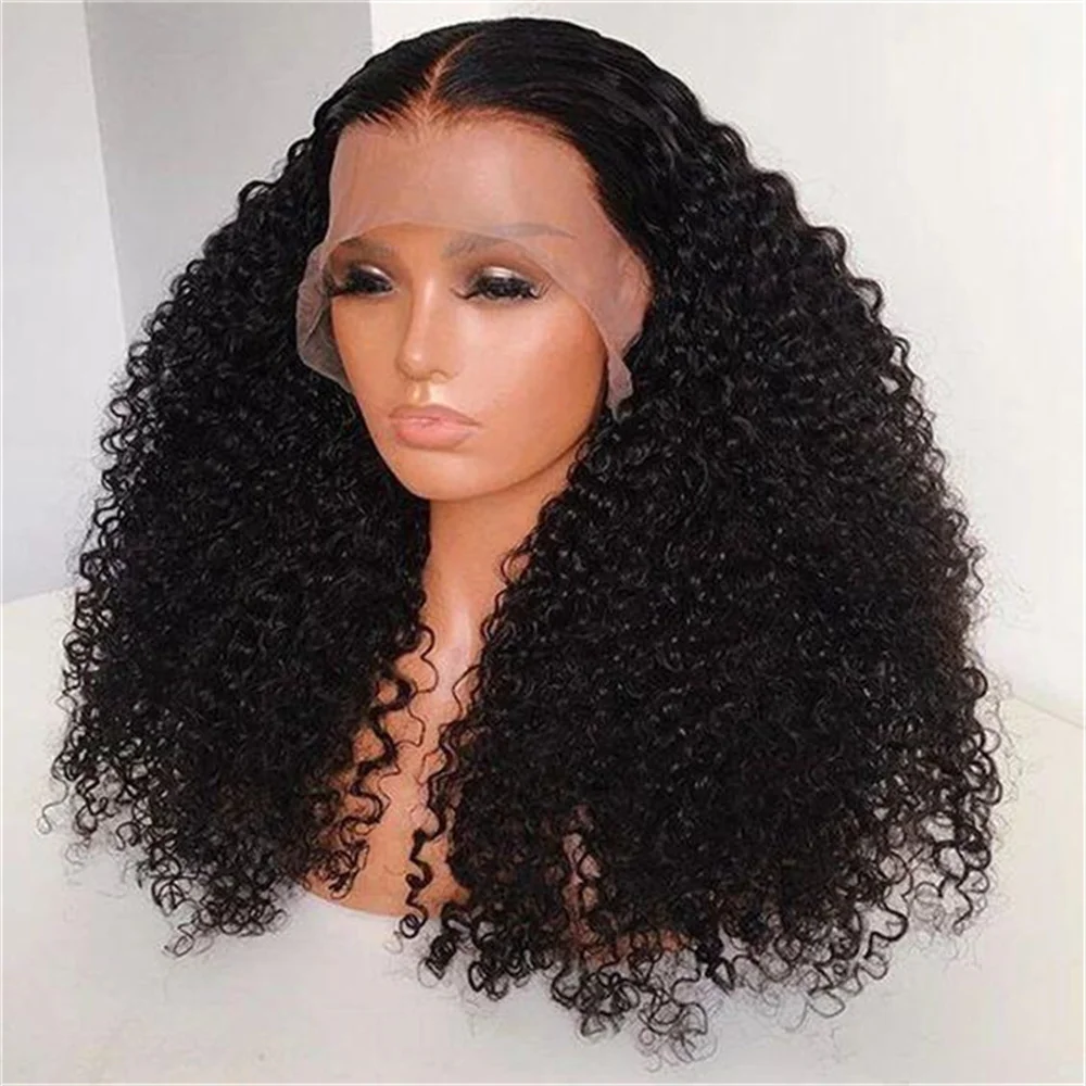 Long Black Kinky Curly Soft Glueless 180Density 26Inch Deep Lace Front Wig For Women With Baby Hair Preplucked Daily