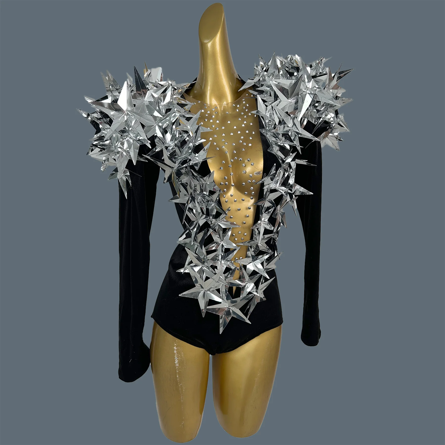

Singer Five-pointed Star Deep V Neck Tight Fitting Bodysuit Sequins Velvet Dance Show Outfit Drag Queen Performer Wear Hengxing