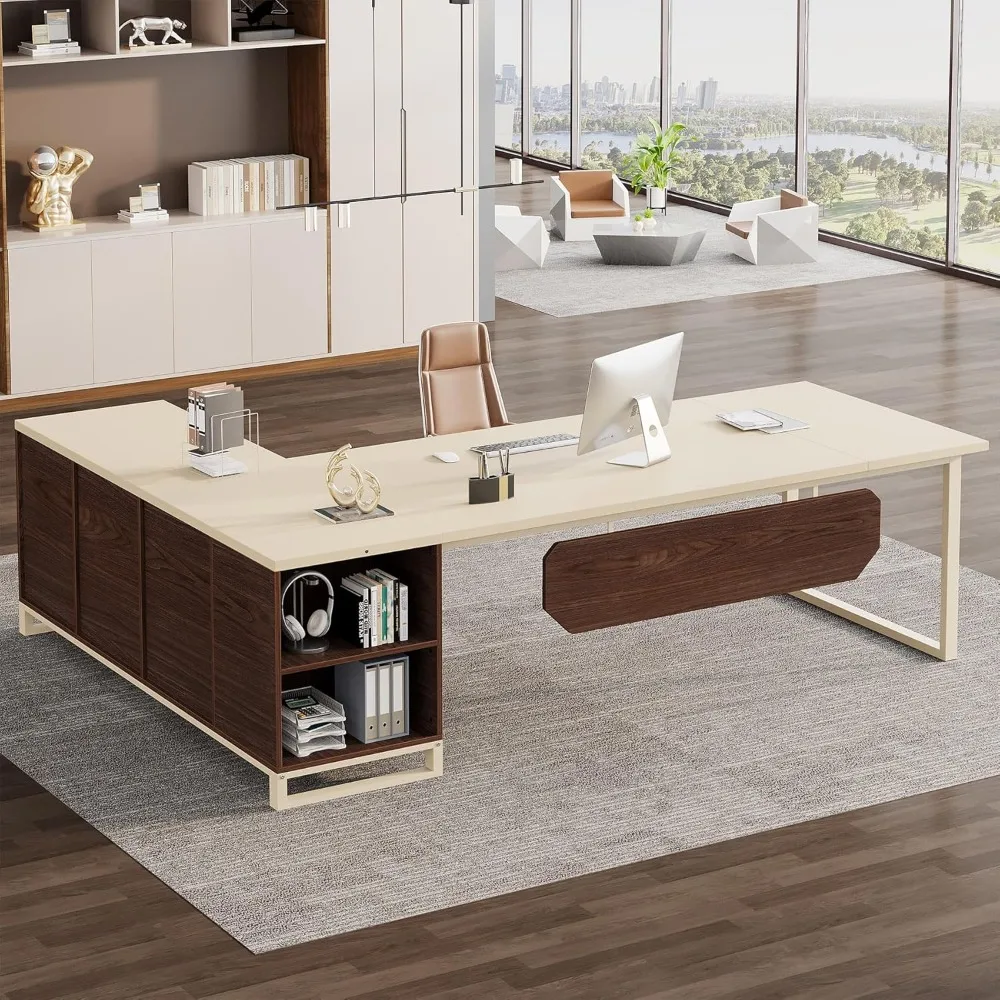 70.8-Inch Executive Desk with 55-Inch File Cabinet, Large L Shaped Computer Desk with Storage Cabinet and Shelves