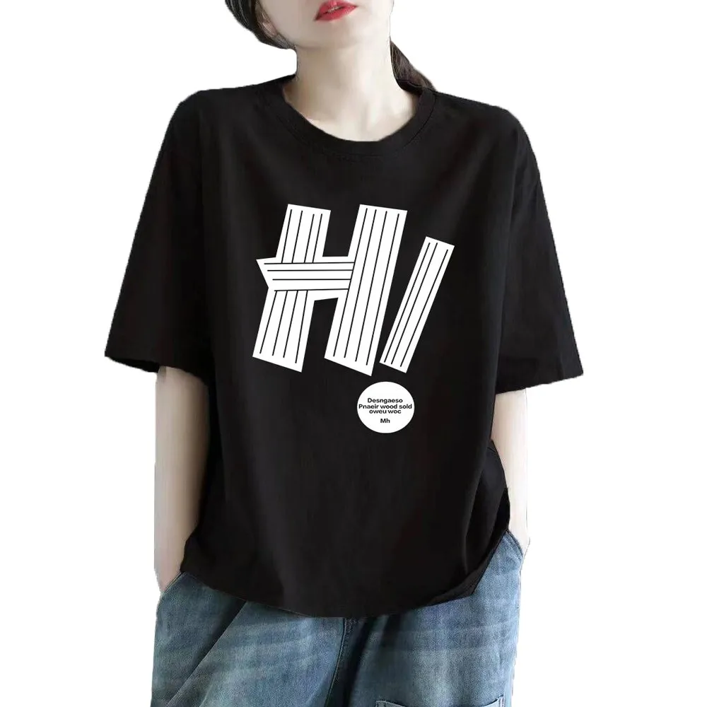 Cotton Short-sleeve T-shirt Women Summer Clothes New Arrival Letter Hi Harajuku American Style Retro Loose Lady Tops Y2k Trendy