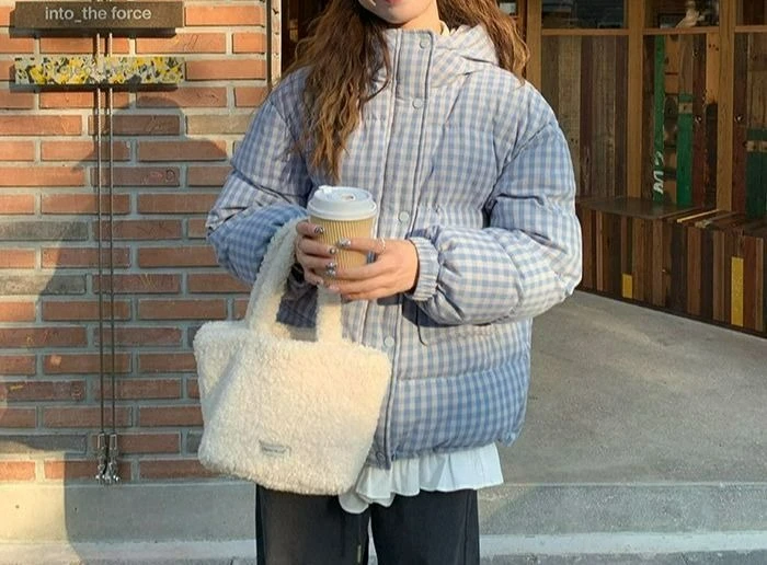 

Plaid Blue Checkered Hooded Cotton Vest Autumn Winter Women's Puffer Jacket Sweet Plaid Cotton Coat Short Outerwear