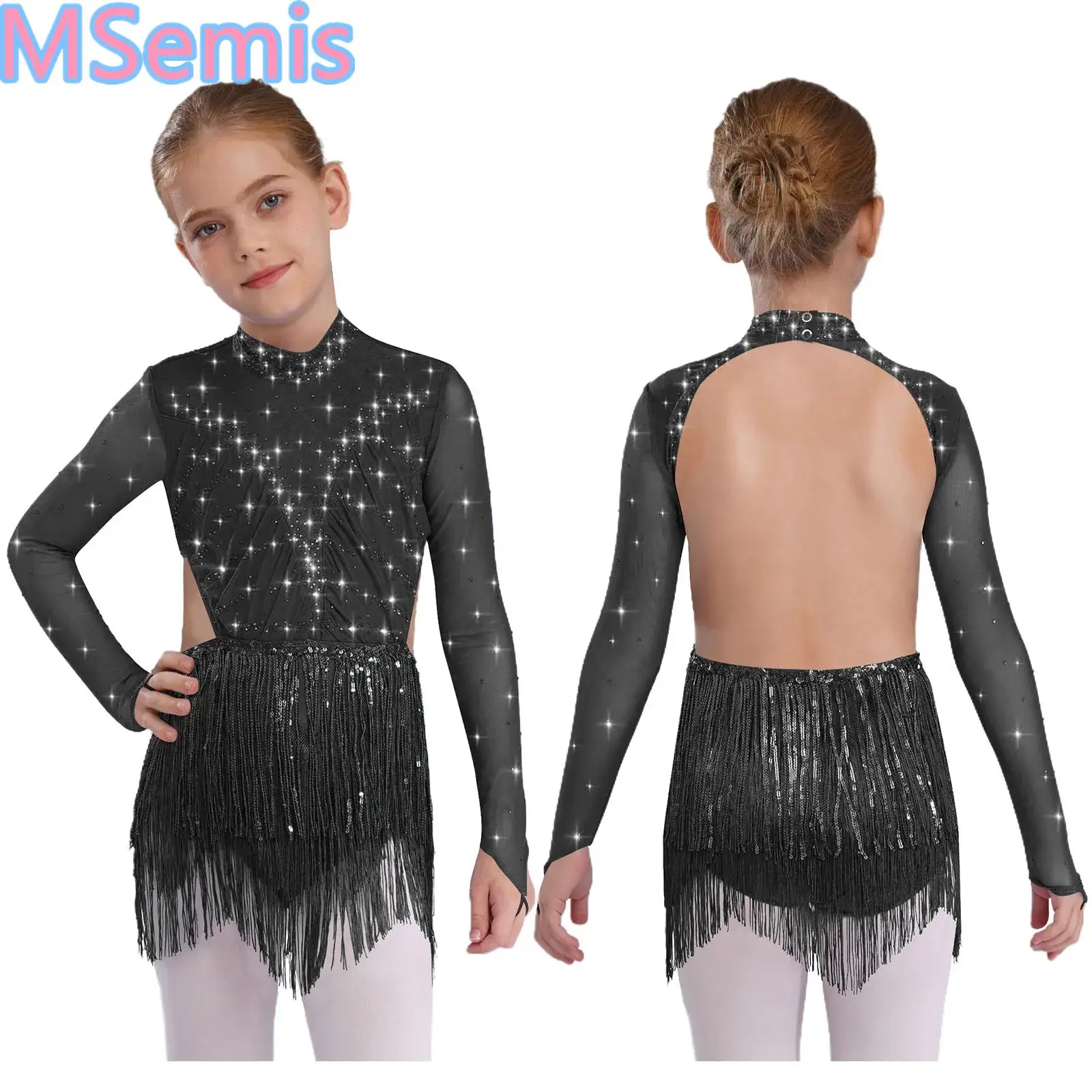 

Kids Girls Sequins Dance Leotard Tassels Latin Leotard Mock Neck Long Sleeve Backless Shiny Rhinestones Bodysuit for Performance