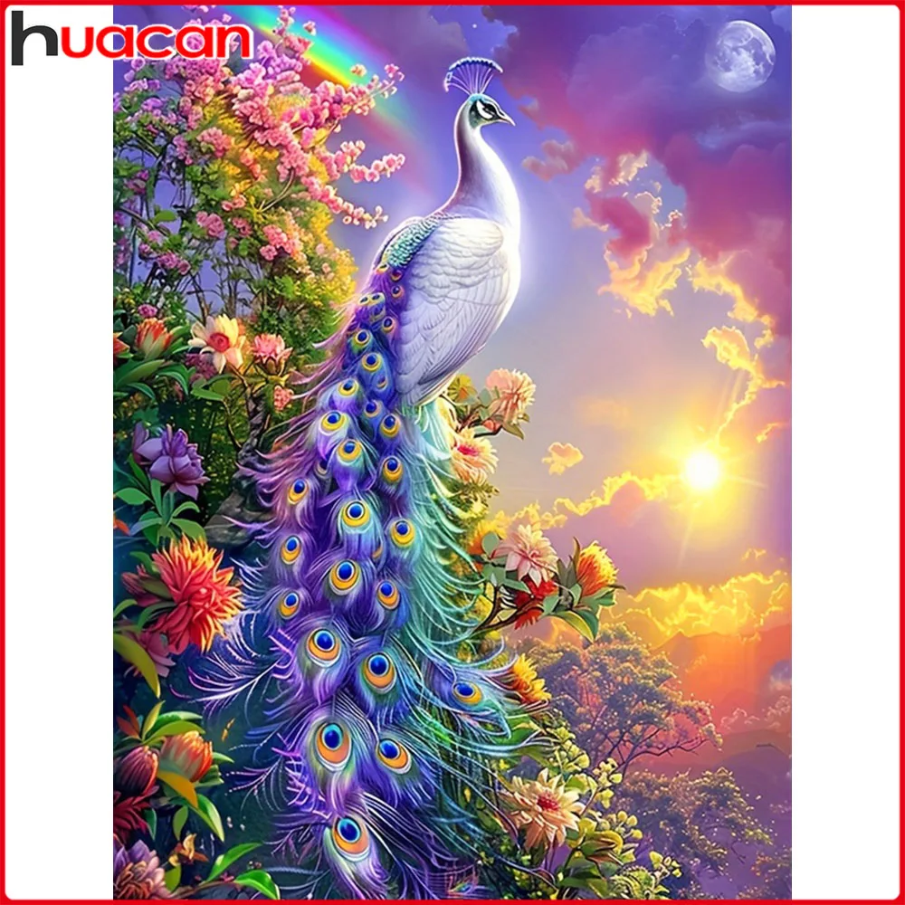 Huacan DIY Diamant Malerei Pfau Sonnenuntergang Diamant Stickerei Tier Landschaft Komplettset Bild von Strasssteinen