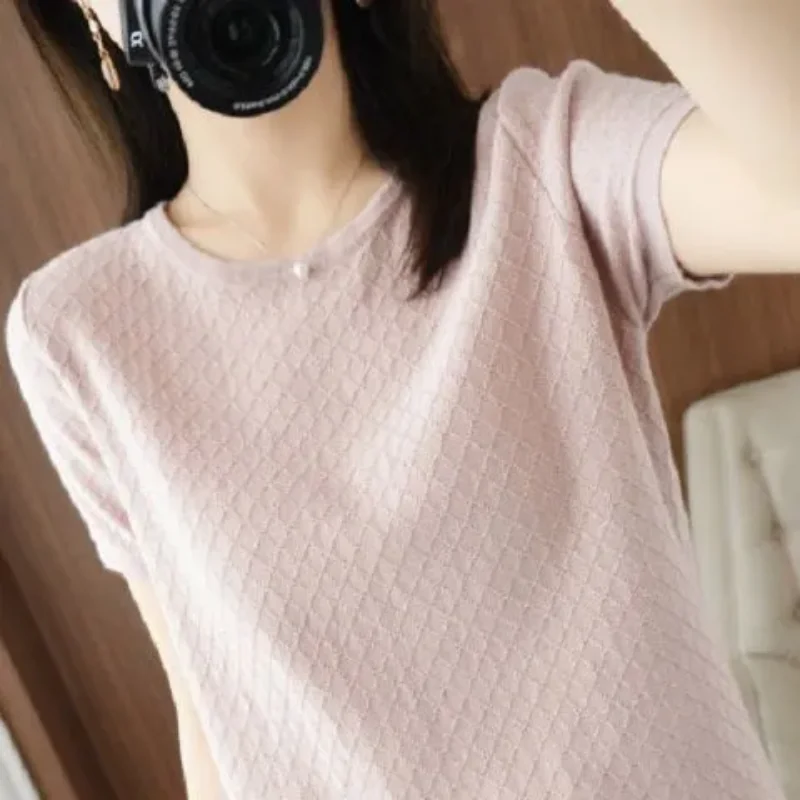 

Women's Crew Neck Short Sleeve T-Shirt Rhombus Jacquard Solid Color Loose Fit Casual Basic Top