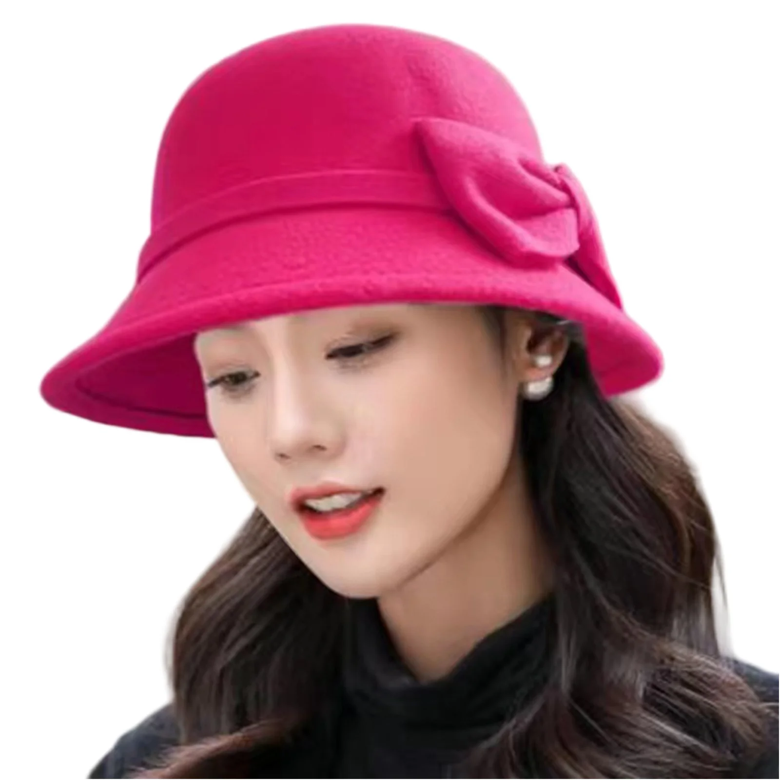 New Trendy Womens Wool Felt Round Top Bucket Hat Autumn Winter Korean Retro British Style Vintage Versatile Elegant Bowler Hats