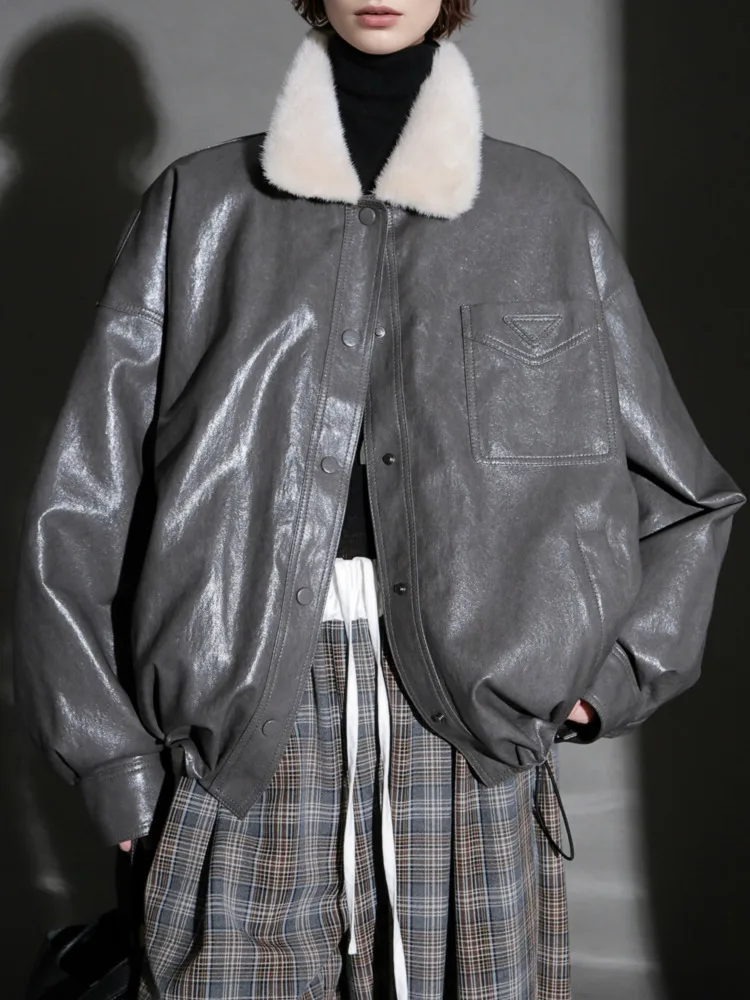 ZMEENNA veste en simili cuir marron pour femme col en fourrure blanche amovible manteau court surdimensionné vêtements d'extérieur décontractés ZM4531