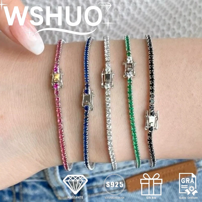 

WSHUO S925 Silver High Carbon Diamond Bracelet Women's European and American Pigeon Blood Red Tennis Chain Single Row Bracelet