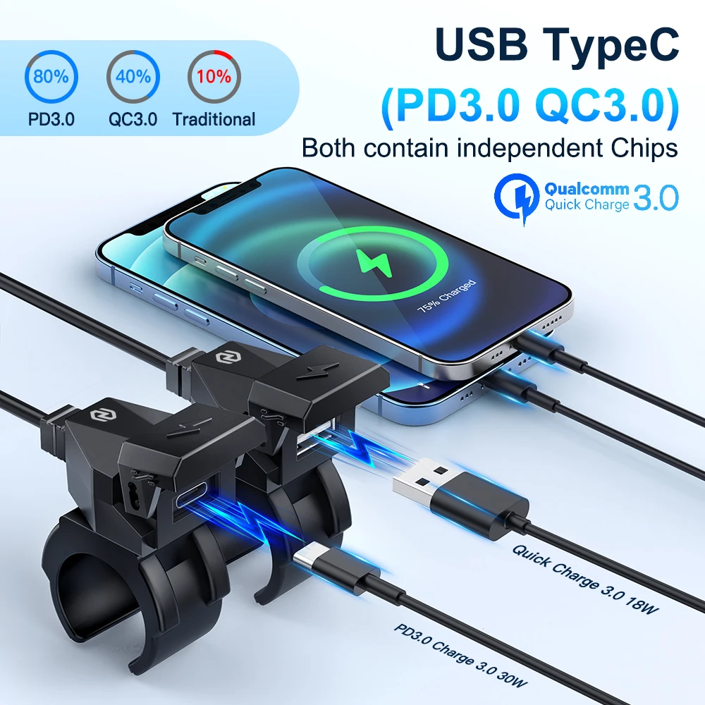 Motorcycle USB Type-C Charger Car PD QC3.0 Handlebar Fast Charging 12/24V Waterproof Handlebar Mounting Bracket Phone Charge