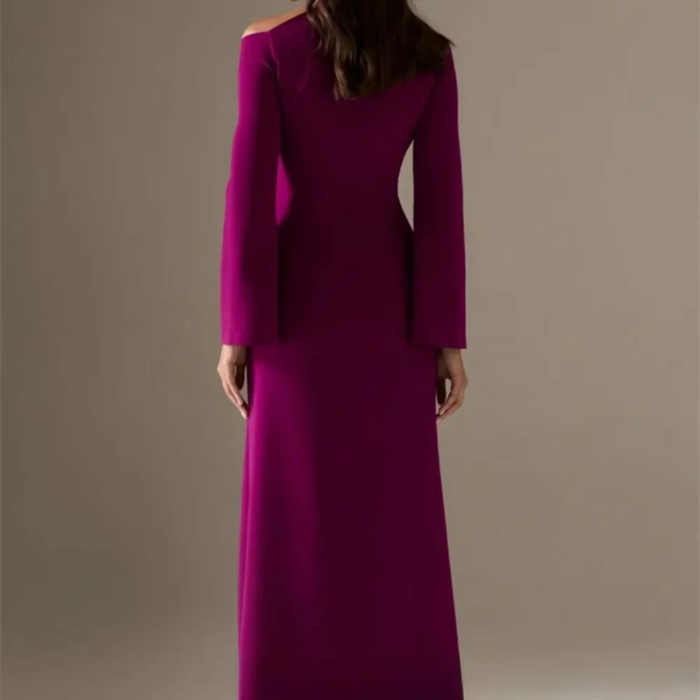 MD Elegante abito da sera rosso violaceo con spalle inclinate Arabo maniche lunghe alla caviglia Abiti da ballo Abito da festa personalizzato 2025