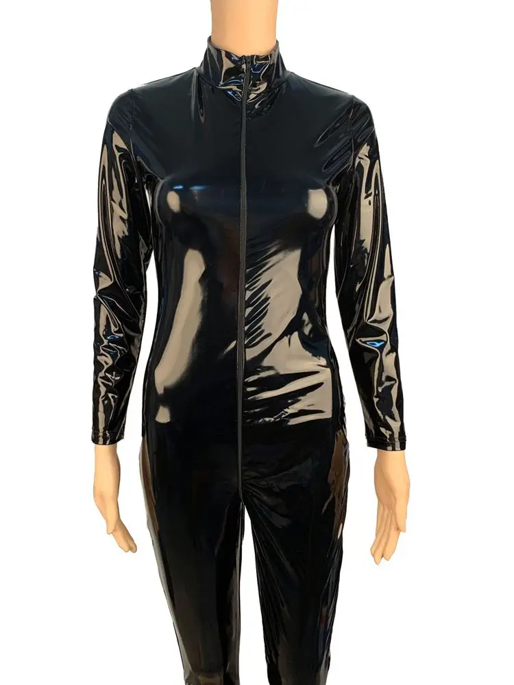 S-5XL Unisex Wet Look PVC Catsuit Shiny PU Leather Two Way Zipper Open Crotch Bodysuit Tights Cosplay Leotard Conjoined Jumpsuit