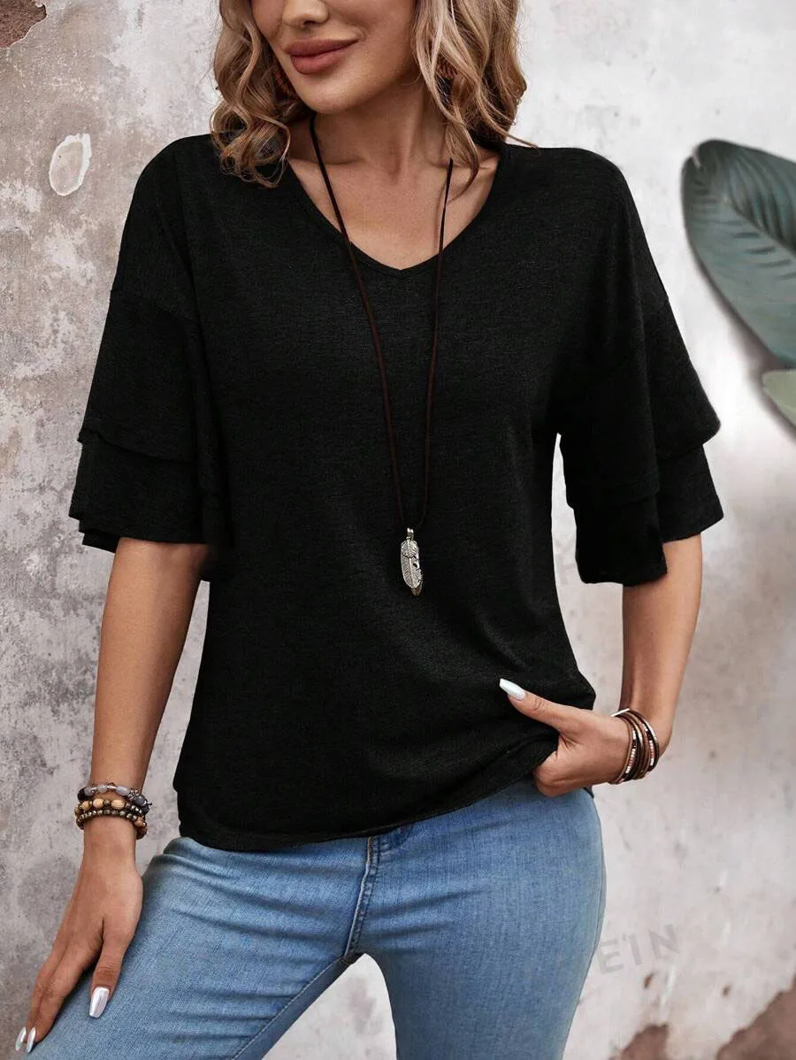 Damen-Sommer-Oberteil mit V-Ausschnitt, doppellagig, Rüschenärmel, einzigartiges, lässiges, solides Design – Detail 6