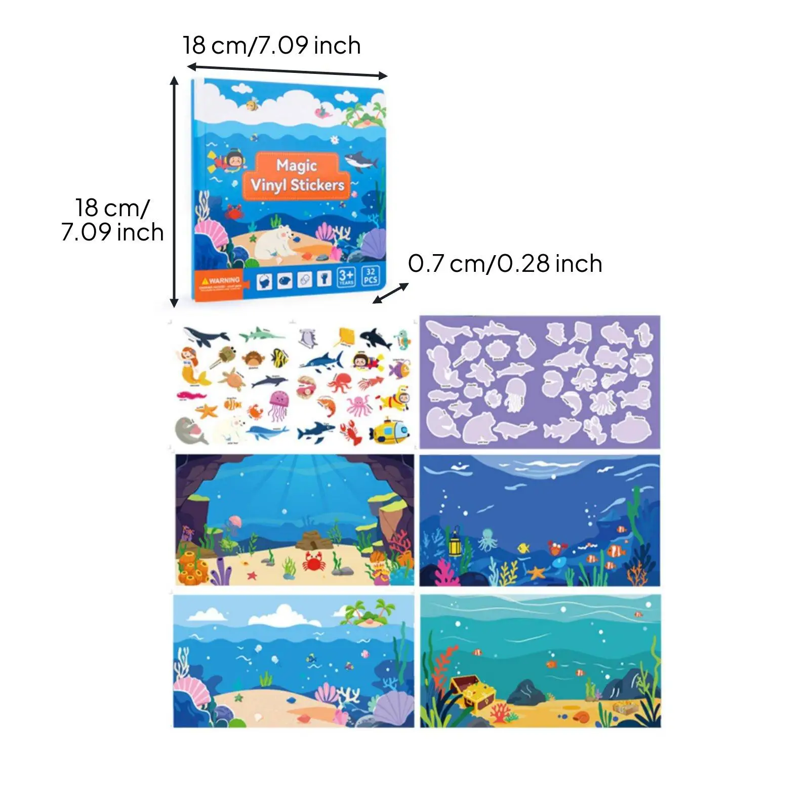 Toddler Educational Sticker Book Reusable Vinyl Stickers with Animal Dinosaur Scene for Home School Travel Quiet Play