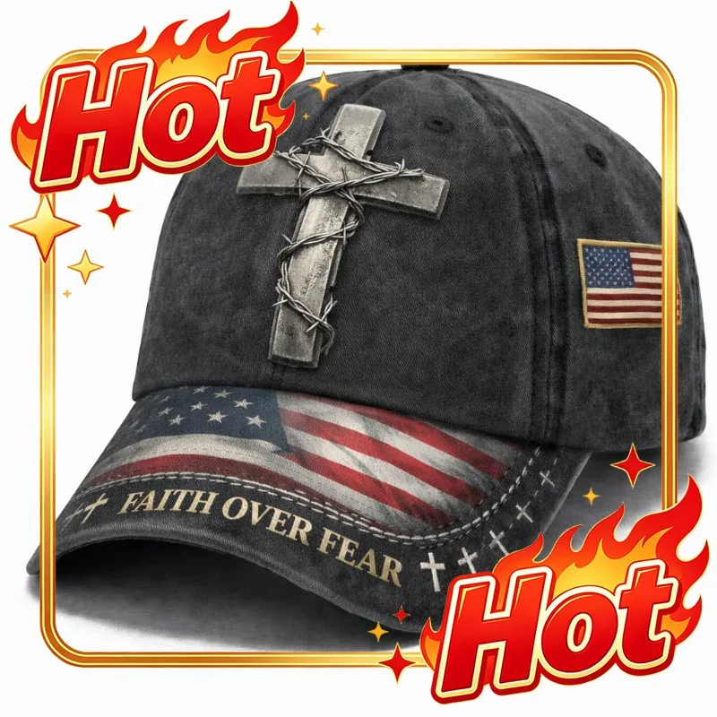 Custom Patriotic Religious Printed Cap With Barbed Wire Cross American Flag Faith Over Fear Motto Themed Headwear Scenic Christi