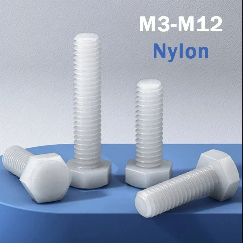 M3-M12 White Nylon Outer Hexagon Plastic Insulated Bolts / Metric Thread Hex Head Screws 5-100mm PA66