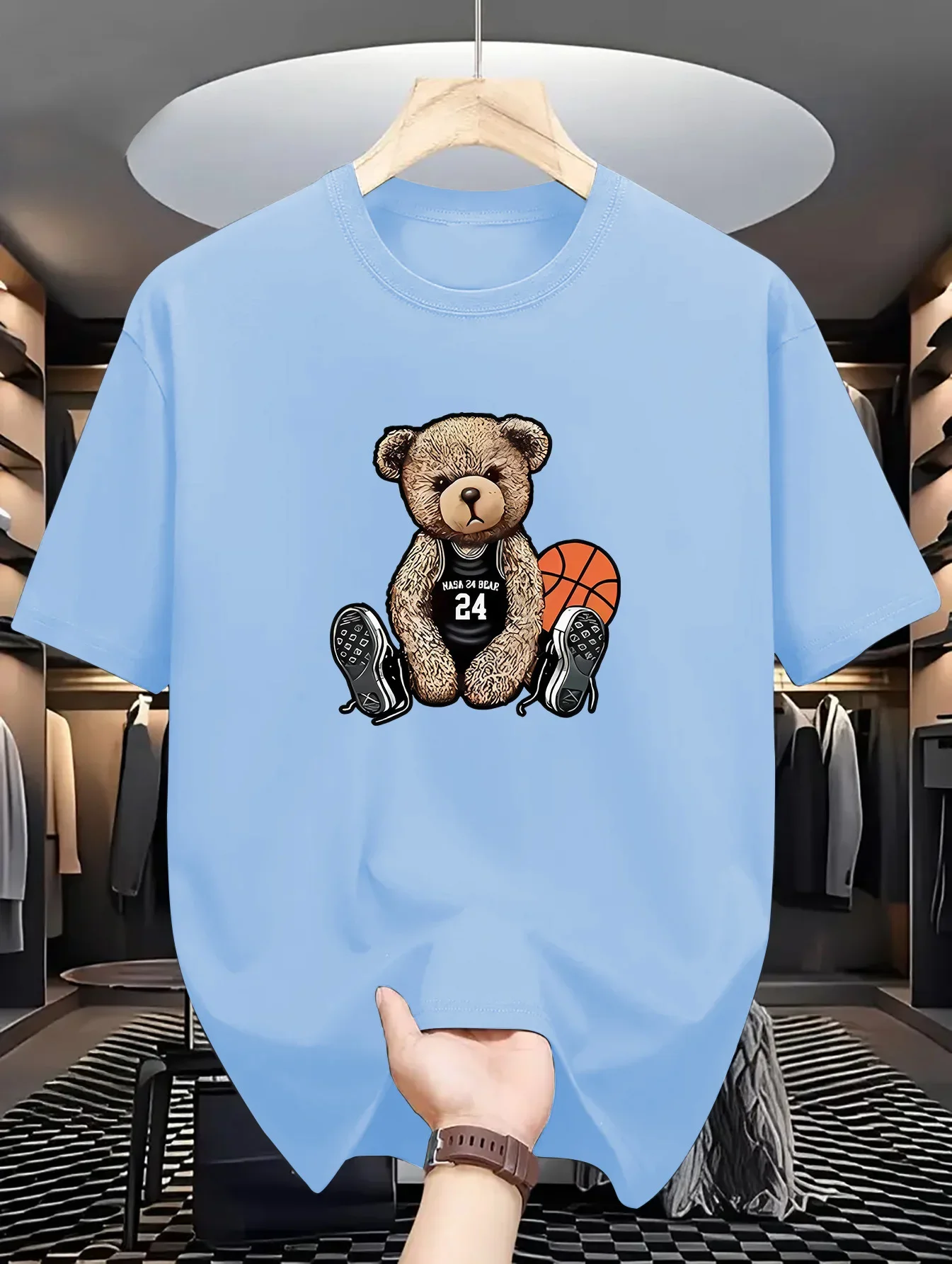 T-Shirt col rond décontracté pour hommes et femmes, avec imprimé basket-ball et ours, légèrement extensible, haut tendance d'été, coupe régulière