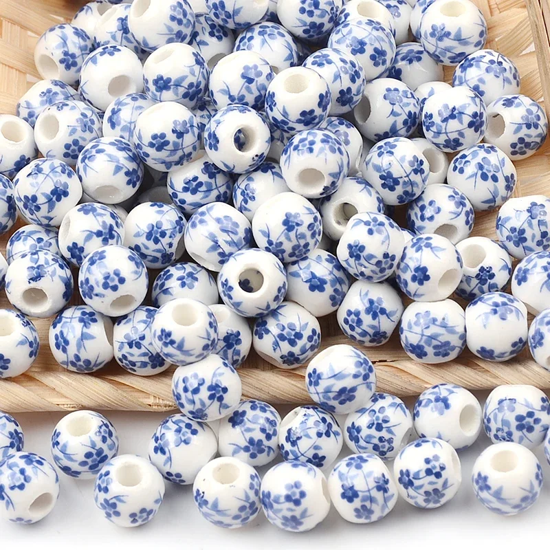 8mm/0mm Blue Chinese Flower Patterns Round Ceramic Porcelain Loose Spacer Beads Lot for DIY Crafts Bracelet Jewelry Making