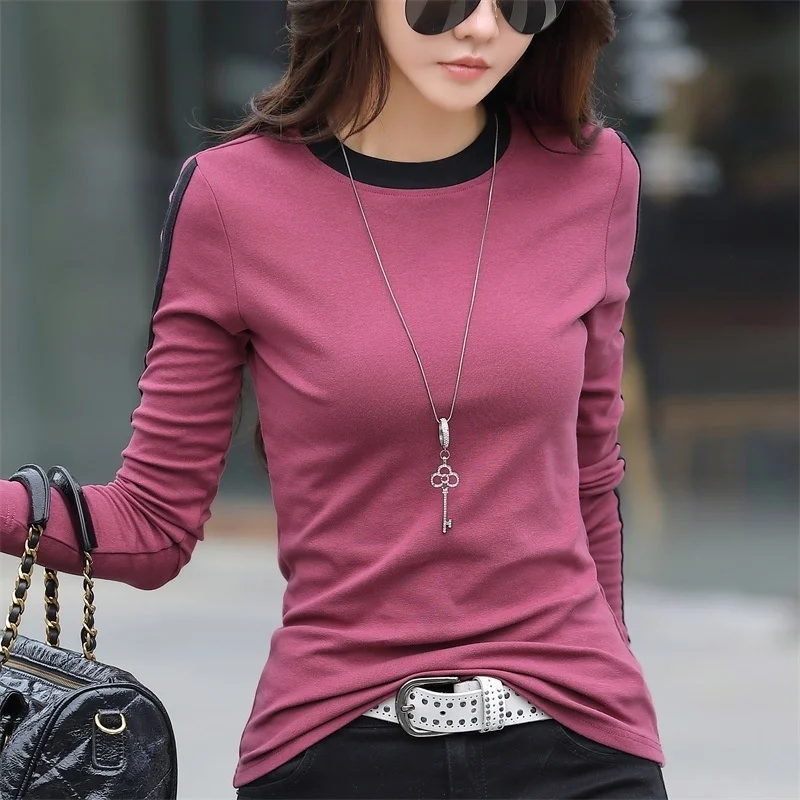 #0354 Casual T-shirt Women O-neck Stretch Cotton Skinny Basic T Shirt Femme Slim Korean Fashion Women T-shirt 3XL Spring Autumn