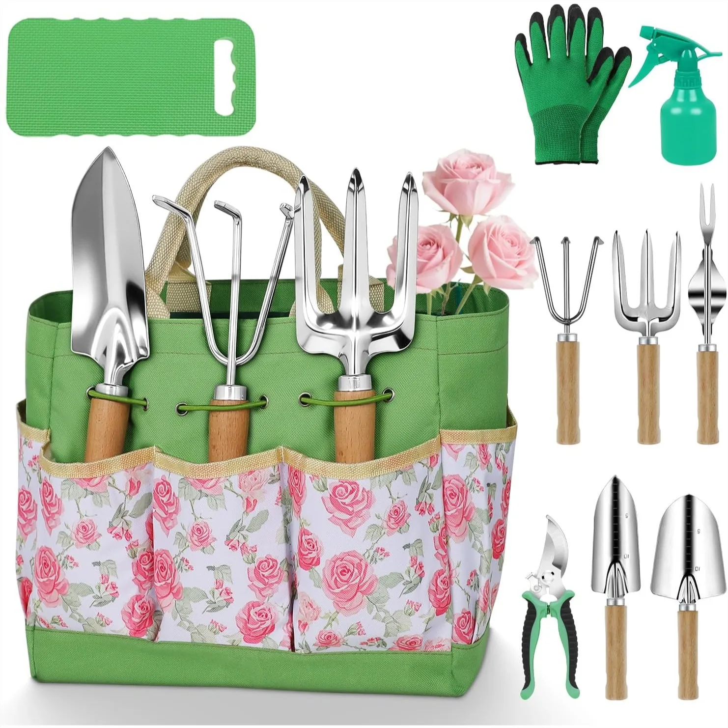 

10-Piece Garden Tool Set with Floral Tote, Stainless Steel Hand Tools for Planting and Digging