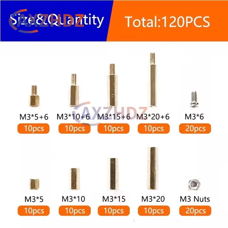 120pcs M3*6 M3*15 M3*10 M3*20 Kit Stainless Steel Screws Nuts Brass Hexagonal Copper Column Isolating Column Spacer Column Set