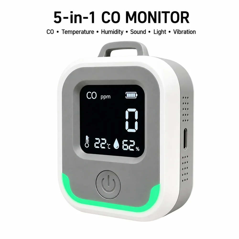 5 in 1 Portable CO Detector Carbon Monoxide Monitor 0-1000ppm with Temp Humidity Display Triple Alarm for RV Camping Home Safety