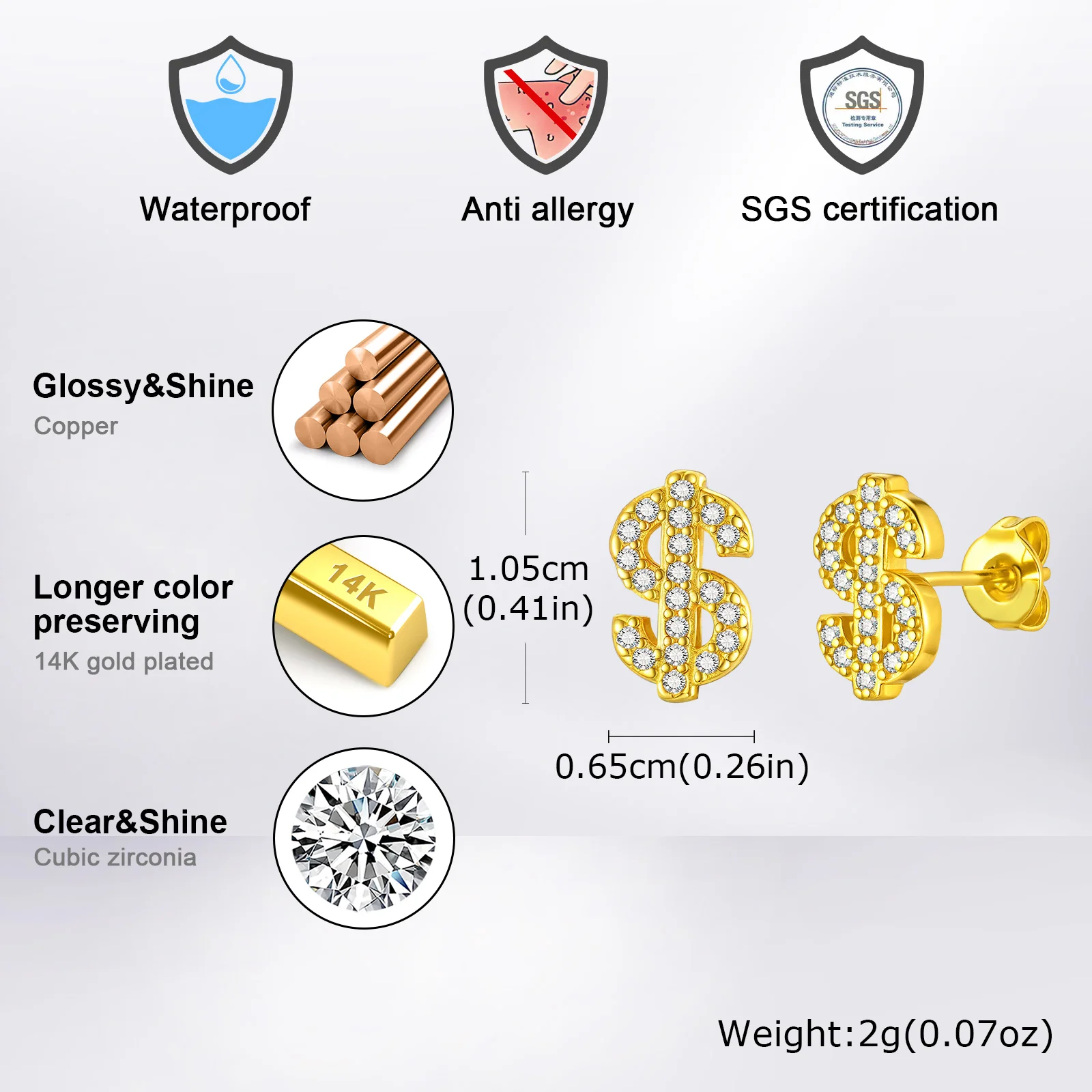 Dollar Sign Stud Earrings for Men Boys,Iced Out Zircon Stainless Steel Earrings,Hip Hop Rap Cool Jewelry Gifts
