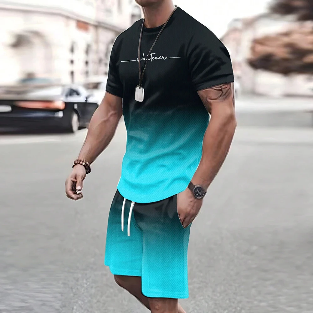 Summer Men's Gradient Printed Short Sleeve T-Shirts With Shorts Fitness Male Two Piece Sets Sportswear Simple Men's Clothing