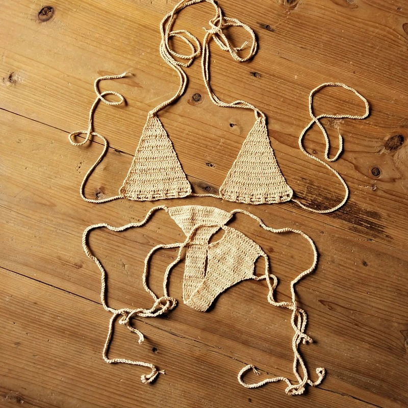 Sexy Knitted Swimsuit Women Micro Bikini Halter Mini Triangle Lace Up Thong Split Swimwear 2025 New Beachwear Slim Bikinis Sets