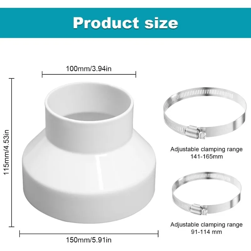 Reliable ABS Ventilation Pipe Fittings Reducer Adapter 150-100Stainless Hose Clips(91-114mm,141-165mm