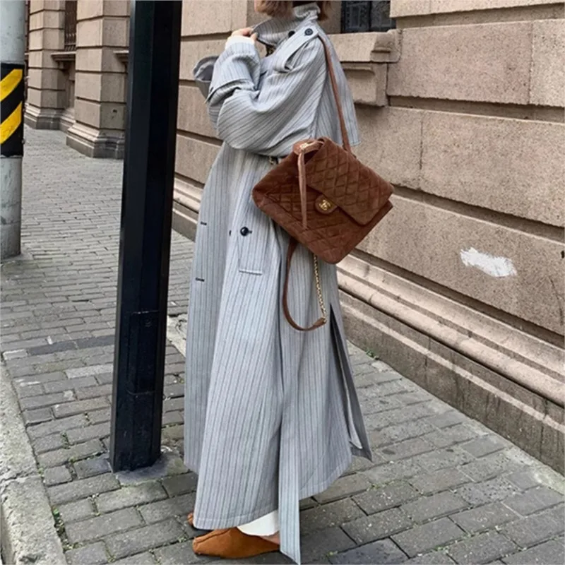Double-breasted striped trench coat for women loose lace-up long overcoat