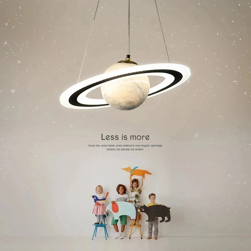 New Children\'S Planet Earth Pendant Lamp For Boys Room Living  Acrylic Space Star Astronaut Led Hanging Light Indoor Decor