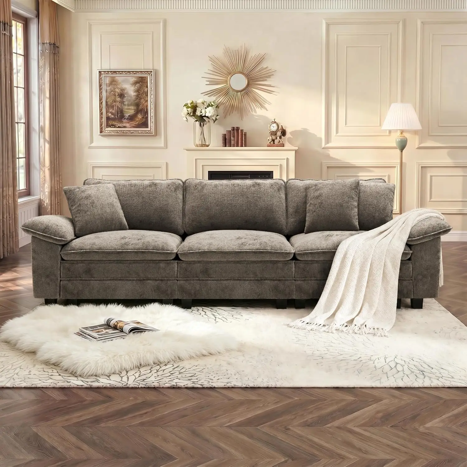 Large 3-Seat Straight Modular Cloud Sectional Sofa, 123.6