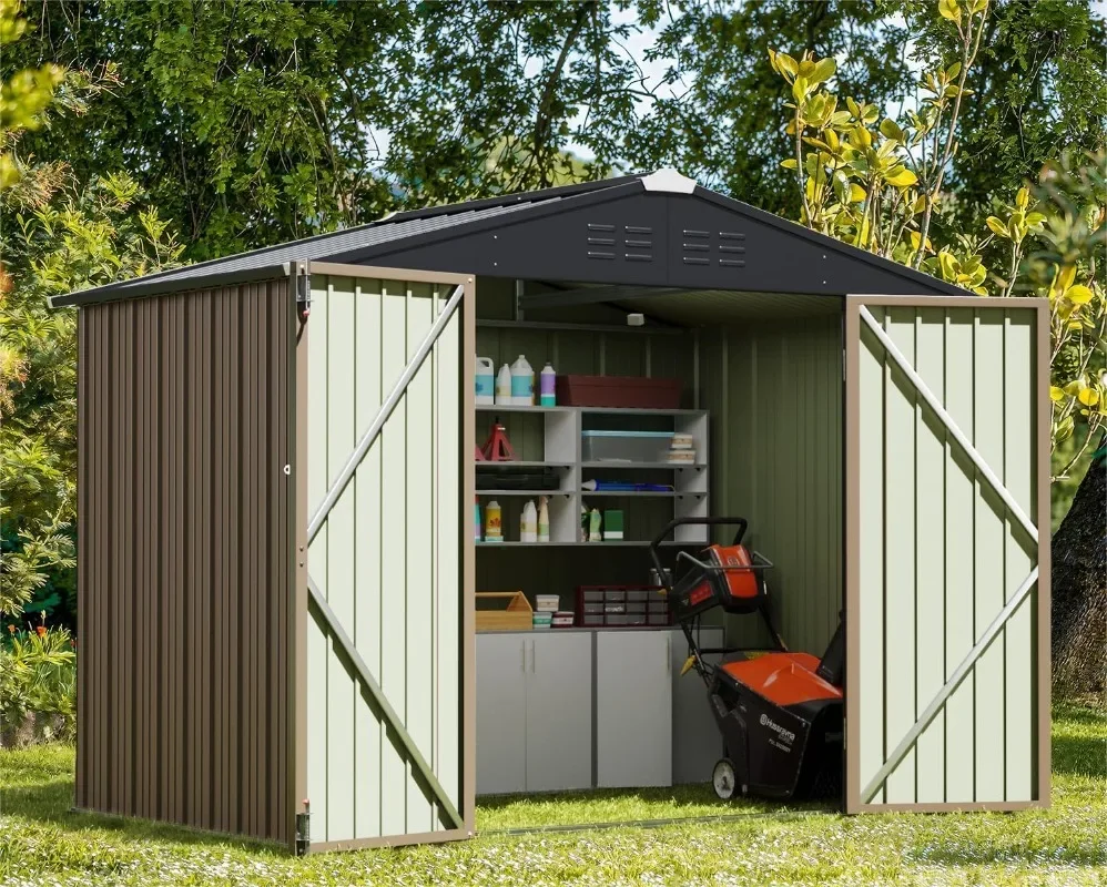 Greesum 8x6FT Outdoor Storage Shed, Utility Tool Shed with Sloping Roof, Metal Storaged Garden Shed with Door & Lock for Patio